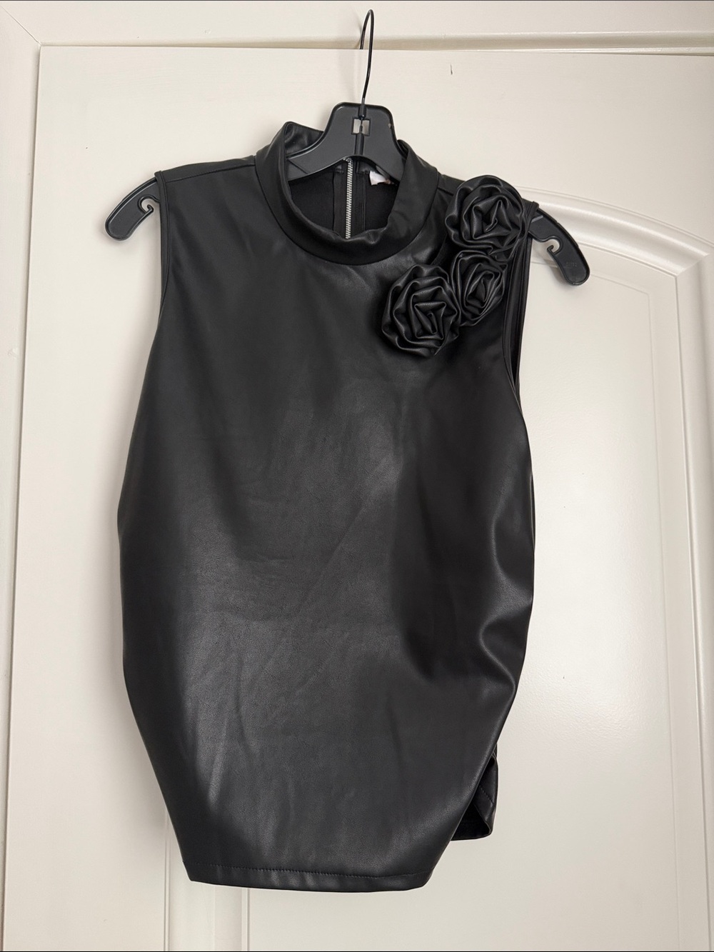 Wayf Black Faux Leather Sleeveless Camisole with Rosette Detail